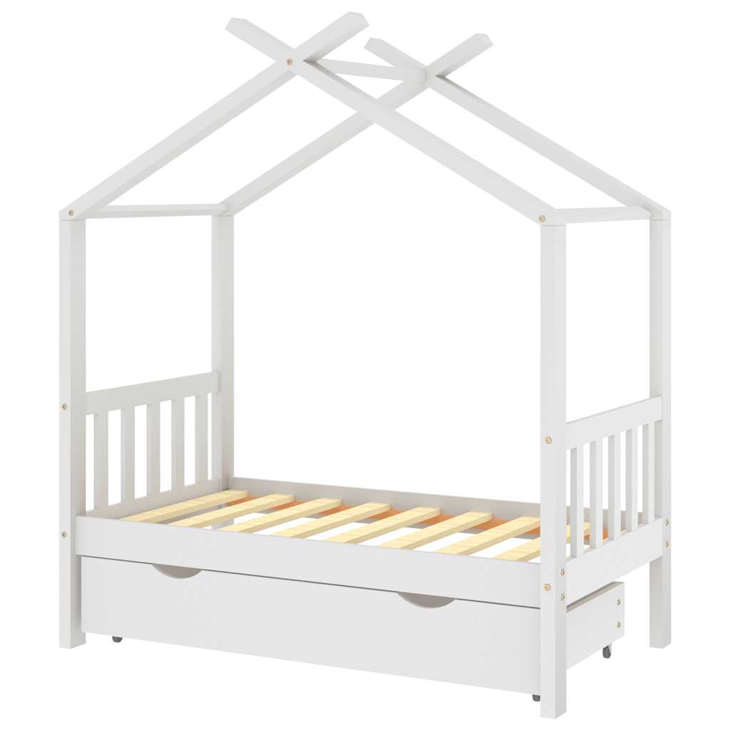 Kids Bed Frame with a Drawer White Solid Pine Wood 70x140 cm
